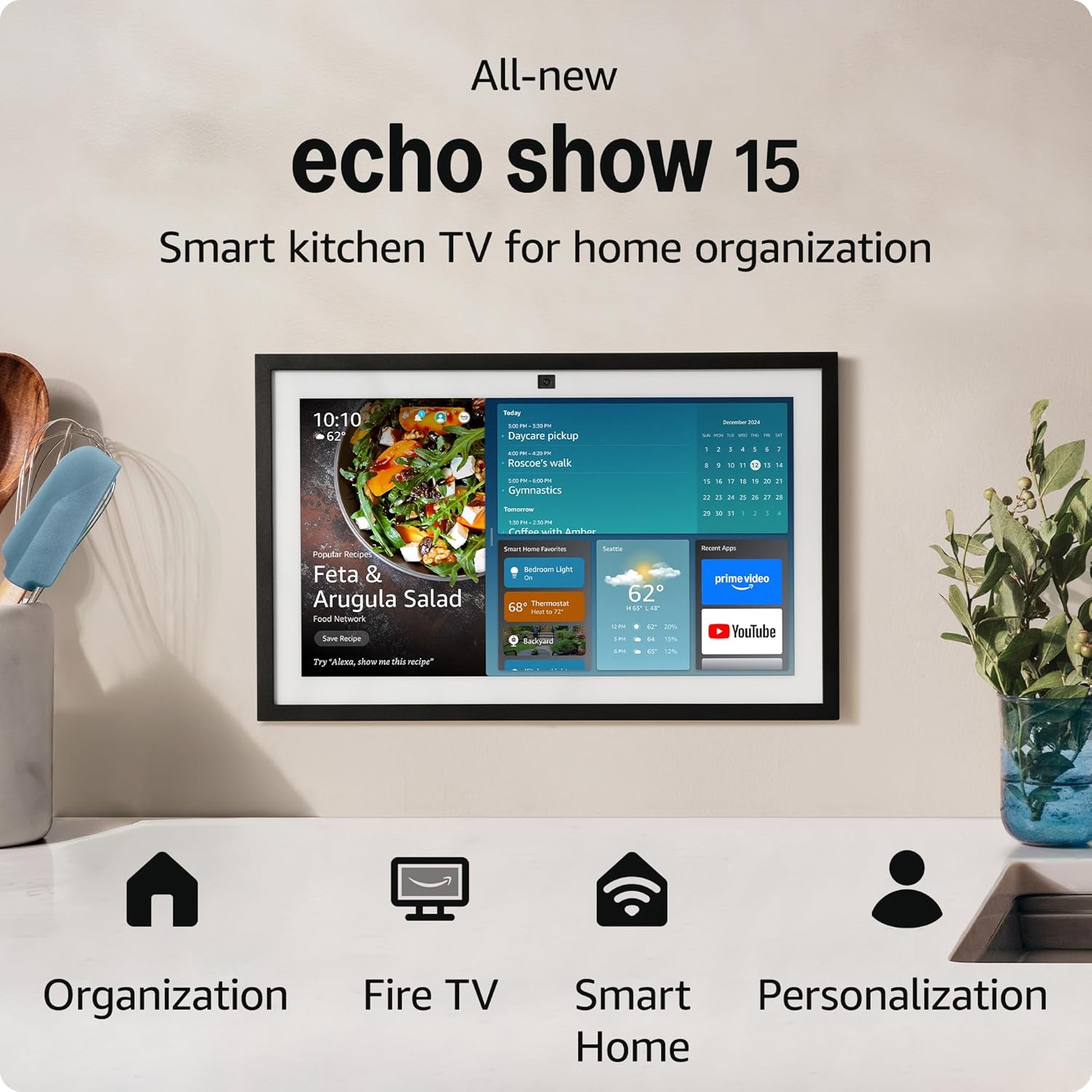 Echo Show 15 kitchen display with family calendar
